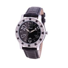 Baidi BBD-71092B Crystal Rhinestones Analog Wrist - Black Dial Black Leather Strap