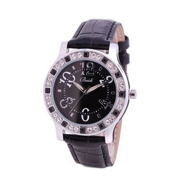 Baidi BBD-71092B Crystal Rhinestones Analog Wrist - Black Dial Black Leather Strap