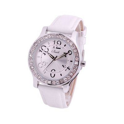 Baidi BBD-71092W "Easy Reader "Crystal Rhinestone Analog Leather Strap White