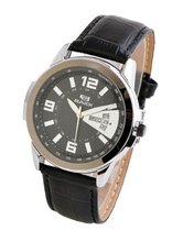 Baidi BBD-72025B Classic Analog Black Leather Strap "Easy Reader" -Calendar Display