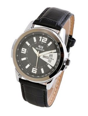 Baidi BBD-72025B Classic Analog Black Leather Strap "Easy Reader" -Calendar Display