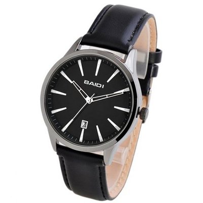 Baidi BBD-72035B Classic Analog Calendar - Black Dial Black Leather Strap