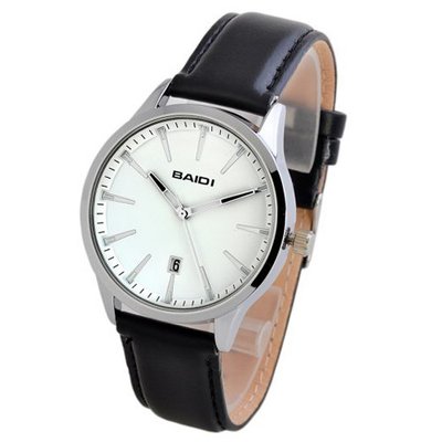 Baidi BBD-72035W Classic White Dial Black Leather Strap Analog Quartz Casual - Calendar Display