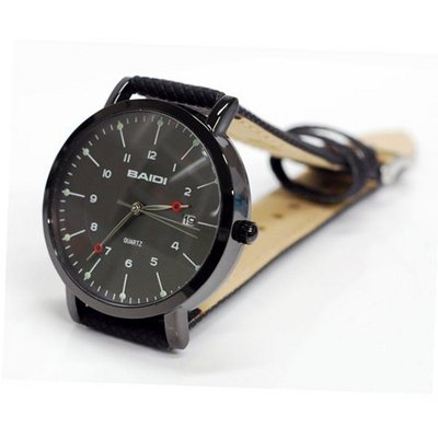 Baidi BBD-72038B Black Dial and Black Leather Strap "Easy Reader"Calendar Analog Wrist