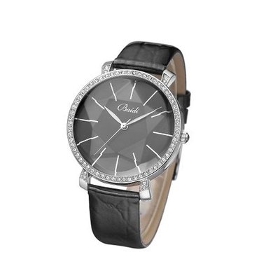 Baidi BBD-795B Black Leather Strap Black Big Dial Crystal Rhinestone Accented Wrist