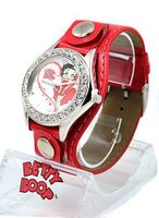 Betty Boop Silver Tone White Crystal 34mm Bezel . Red Strap