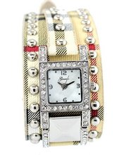 Designer-style Ladies Silver Tone 37mm Bezel & Plaid Leather Strap