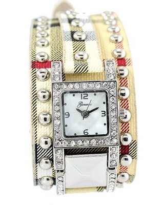 Designer-style Ladies Silver Tone 37mm Bezel & Plaid Leather Strap