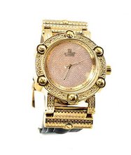 Diamond Hip Hop Gold Tone 50mm Bezel Black Leather Strap