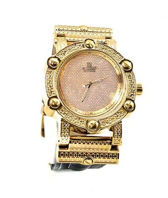 Diamond Hip Hop Gold Tone 50mm Bezel Black Leather Strap