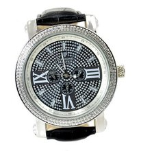Diamond Hip Hop Silver Tone 50mm Bezel Black Leather Strap