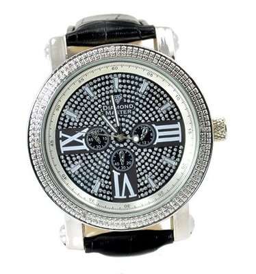 Diamond Hip Hop Silver Tone 50mm Bezel Black Leather Strap