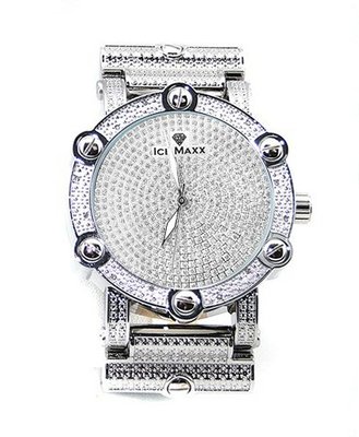 Diamond Hip Hop Silver Tone 50mm Bezel Black Leather Strap