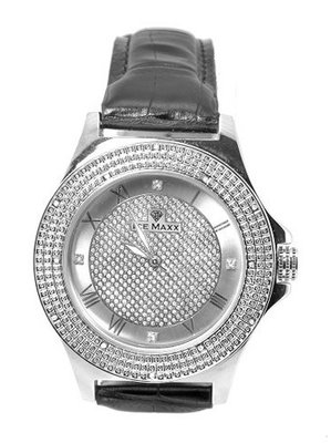 Diamond Silver Tone 50mm Case Black Leather Strap