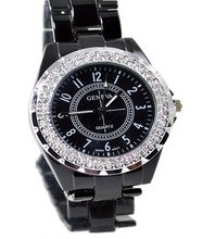 Geneva Black Designer-style 39mm Cz Bezel & Case Link Bracelet