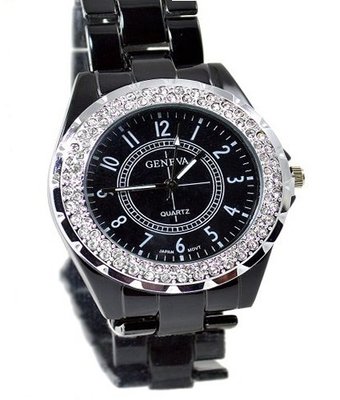 Geneva Black Designer-style 39mm Cz Bezel & Case Link Bracelet