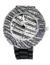 Geneva Fashion Ladies Silver Tone 45mm Bezel with Black & White Cz