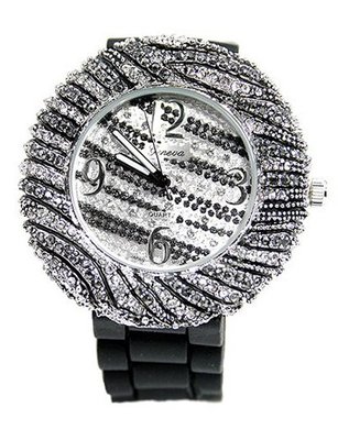 Geneva Fashion Ladies Silver Tone 45mm Bezel with Black & White Cz