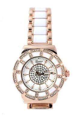 Geneva Rose Gold Tone Designer Style Ladies 39mm White Crystal Bezel