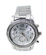 Geneva Silver Tone Designer-style 37mm Cz Bezel & Case Link Bracelet