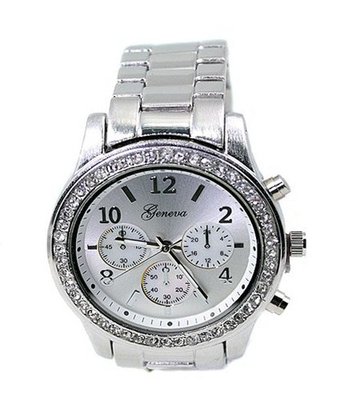 Geneva Silver Tone Designer-style 37mm Cz Bezel & Case Link Bracelet