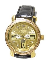 Gold Tone Diamond 50mm Case Black Leather Strap