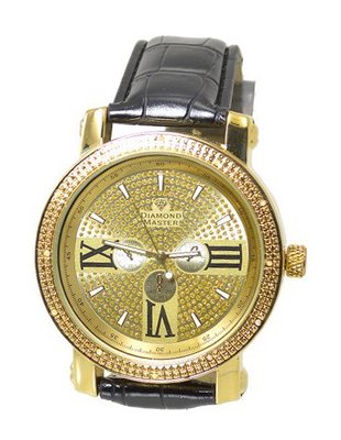 Gold Tone Diamond 50mm Case Black Leather Strap