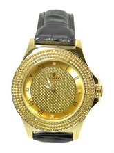 Gold Tone Diamond 50mm Case Black Leather Strap