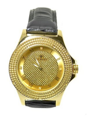 Gold Tone Diamond 50mm Case Black Leather Strap