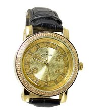 Gold Tone Diamond 50mm Case Black Leather Strap