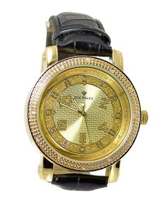 Gold Tone Diamond 50mm Case Black Leather Strap