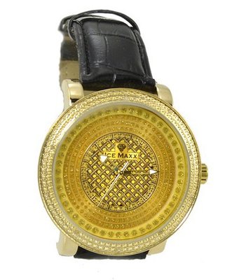 Gold Tone Diamond 53mm Case Black Leather Strap
