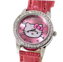 Hello Kitty Silver Tone 28mm Cz Bezel . Red Strap