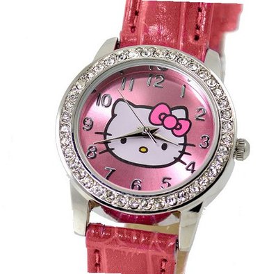 Hello Kitty Silver Tone 28mm Cz Bezel . Red Strap