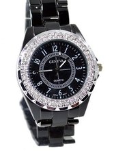 Ladies Black Ceramic Look Fashion Dress 39mm Cz Bezel Link Bracelet