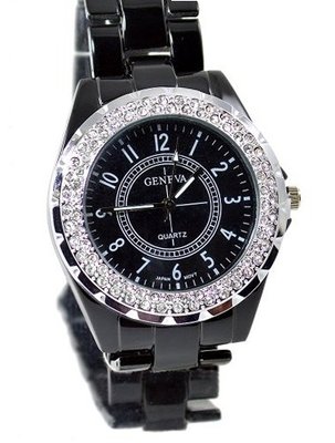 Ladies Black Ceramic Look Fashion Dress 39mm Cz Bezel Link Bracelet