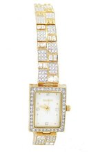 Ladies Elgin Gold Tone Dress 24mm Bezel with Round Baguette Genuine Crystal Link Bracelet