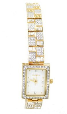 Ladies Elgin Gold Tone Dress 24mm Bezel with Round Baguette Genuine Crystal Link Bracelet