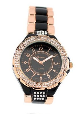 Ladies Fashion Rose Gold & Black 40mm Cz Bezel