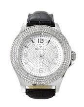 Silver Tone Diamond 50mm Case Black Leather Strap