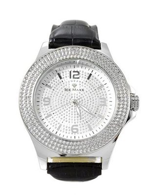 Silver Tone Diamond 50mm Case Black Leather Strap
