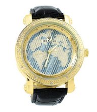 uBargain-Jewelry World Map Diamond 50mm Bezel Gold Tone Black Leather Strap 