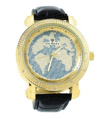 uBargain-Jewelry World Map Diamond 50mm Bezel Gold Tone Black Leather Strap 