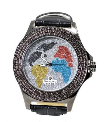 World Map Diamond 50mm Bezel Gunmetal Black Leather Strap