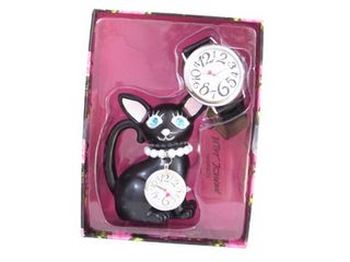 Betsey Johnson Cat Clock Set Black/Silver Leather Strap Dial