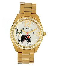 Betsey Johnson Gold Crystal Bezel White Dial French Bulldog