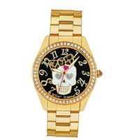 Betsey Johnson , Gold-Tone BJ00048-65 Skull with Leopard Print Bow