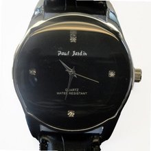 Paul Jardin Designer Dress Leather Band with Black Face & Silver Accents