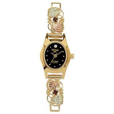 Black Hills Gold Analog Black Dial Ladies Gold Pink Tourmaline