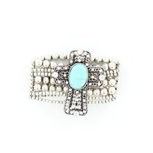 Blazin Roxx 29228 Cross Beaded Stretch Bracelet Silver/Turquoise